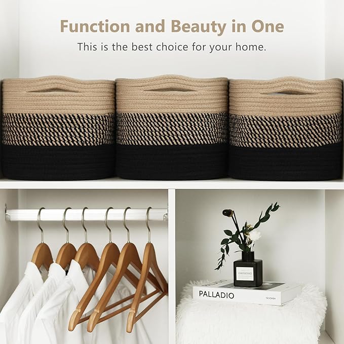 ECDYQXVU Cotton Rope Storage Basket, 15x10x9 Inches, Woven Basket for Shelves, Clothes, Towels, Books, and Laundry, Gradient Black/Brown (2 Pack)
