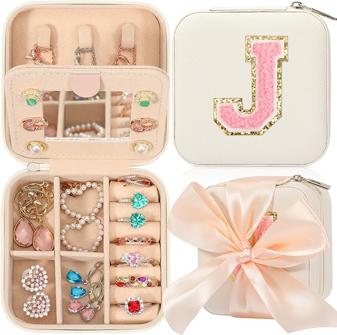 CHMI Travel Jewelry Case, White Travel Jewelry Box, Travel Jewelry Organizer, Travel Gifts for Women Girls, Jewelry Organizer Box, Birthday Gifts for Women, Christmas Gifts for Teens Girls - Initial J