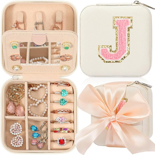 CHMI Travel Jewelry Case, White Travel Jewelry Box, Travel Jewelry Organizer, Travel Gifts for Women Girls, Jewelry Organizer Box, Birthday Gifts for Women, Christmas Gifts for Teens Girls - Initial J