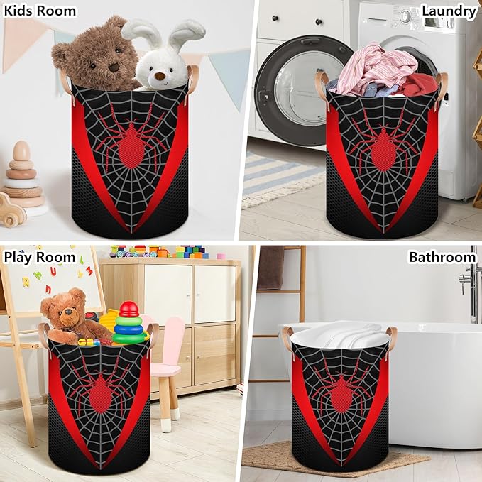 Black Spider Web Large Laundry Hamper Basket, Round Collapsible Storage Organizer Bin for Kids, Boys, Nursery, Closet, Bedroom, Playroom, Toys, Dirty Clothes, 16" W x 20" H