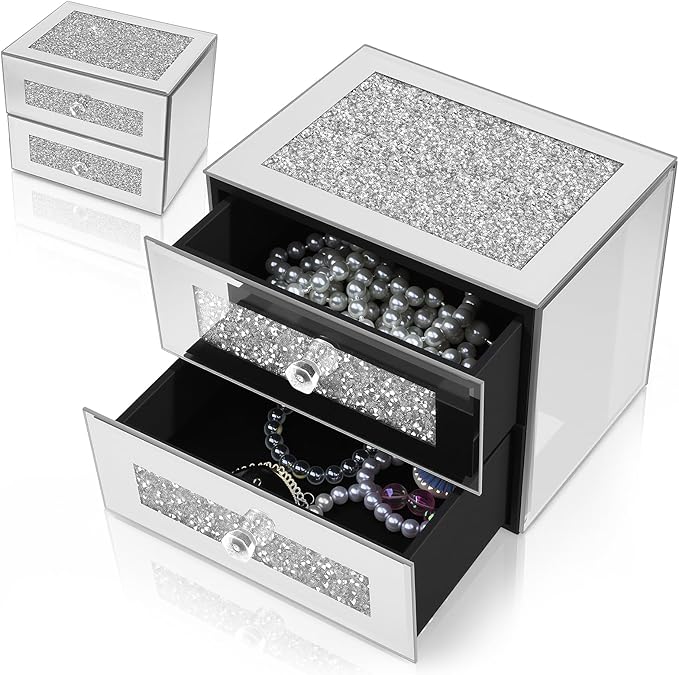 Kenning Silver Jewelry Box 2 Layer Glass Box for Women Mother's Day Crystal Jewelry Organizer Storage Luxury Necklaces Earrings Rings Bracelets Organizer for Mom Gift Decoration