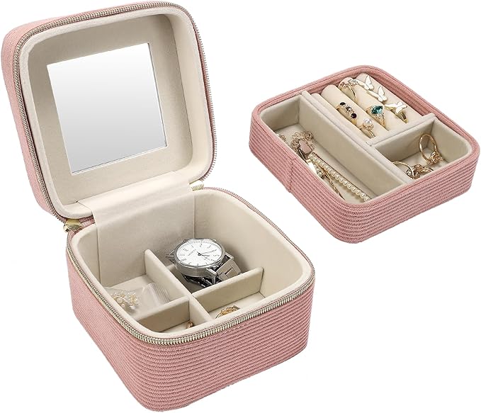 Travel Jewelry Case with Mirror – Small 2-Layer Jewelry Box for Women, Rings and Earrings Necklaces Velvet Organizer Mothers Day Mom Girls Birthday Gifts (Pink)