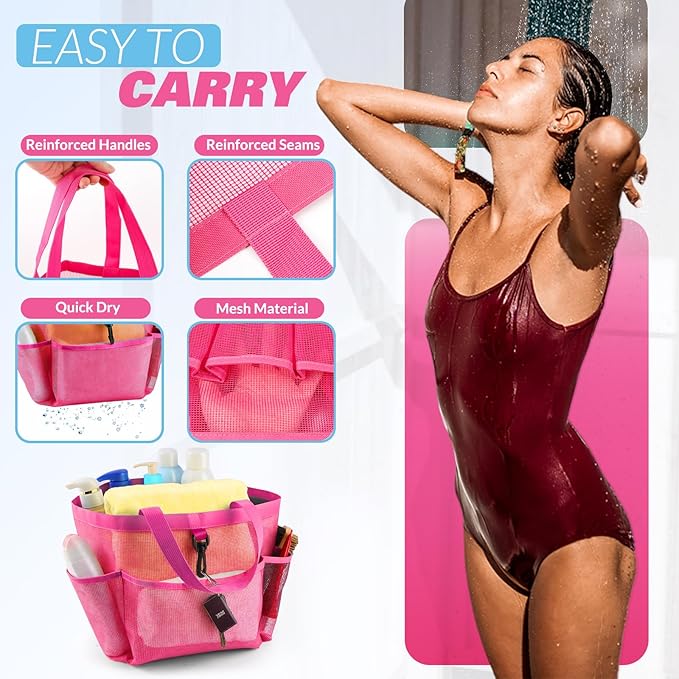 LOYEE Mesh Shower Caddy Portable for College Dorm Room Essentials with 8 Pockets, Shower Bag for Beach, Swimming, Gym, Travel, Bathroom(All rose pink)
