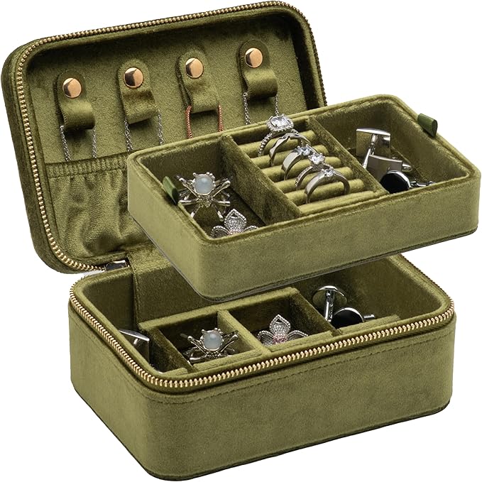 Velvet Travel Jewelry Organizer Box with Zipper Around Portable Accessory Display Tray Holder Storage Case for Multiple Earrings Rings Necklaces Bracelets (Olive Green)