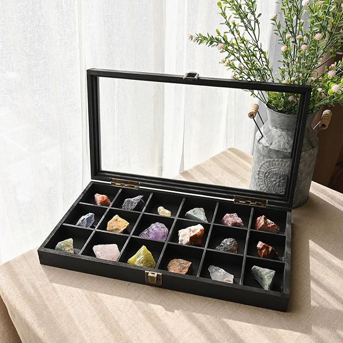 MOOCA Wooden Jewelry Display Case with Tempered Glass Lid & 18 Compartments Tray, Rock Collection Box, Crystal Display Case, Black Color