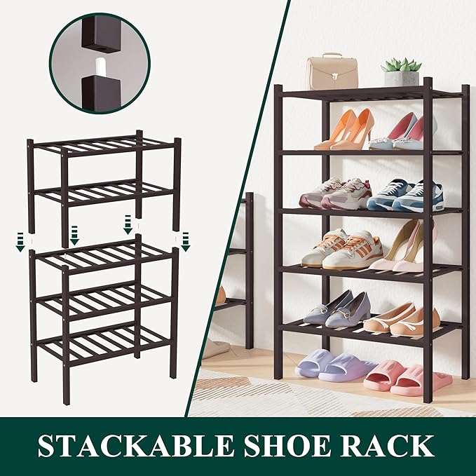 Smiry Bamboo Shoe Rack for Closet, 2 Tier Long Wooden Stackable Shoe Organizer, Free Standing Shoes Storage Shelf for Entryway, Front Door Entrance, Brown