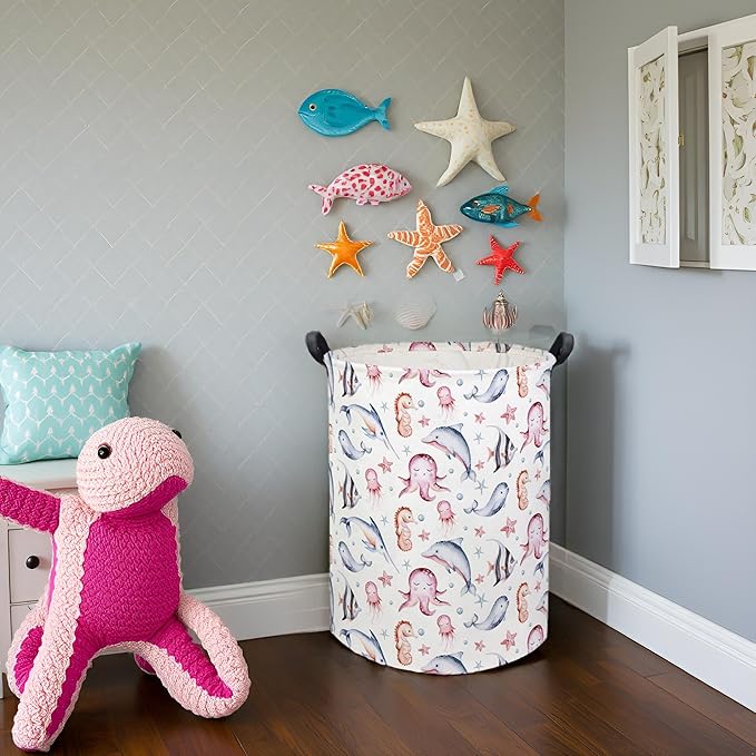 HIYAGON Baby Laundry Basket Baby Hamper for Nursery Girl Kids Ocean Hamper Cute Kids Toys Storage Bin Organizer Pink Room Decor for Home(Pink Ocean)