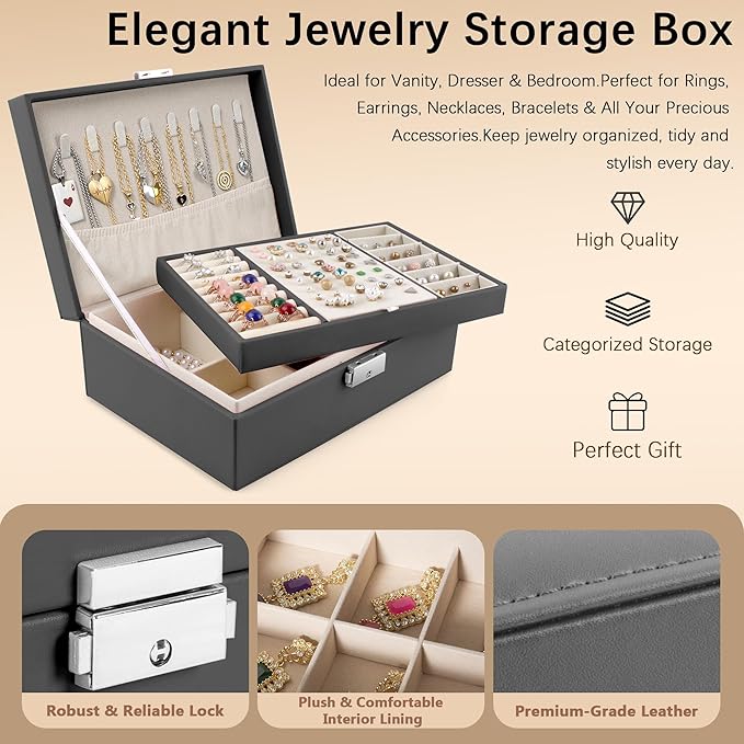 Homeanda Jewelry box 2 layer Jewelry box Leather Jewelry boxes for Women Girls Teens Jewelry organizer box Jewelry Storage box with lock(Black)