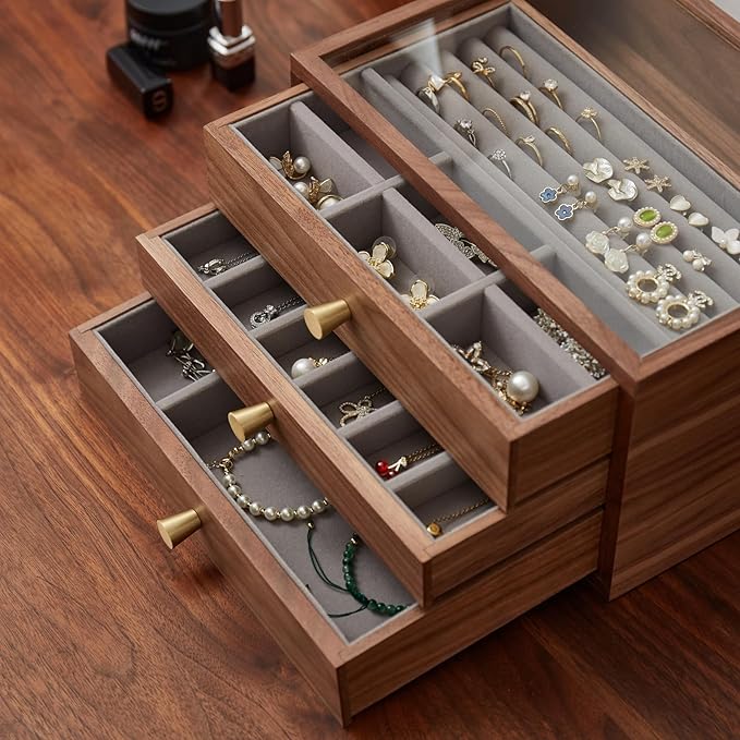 Black Walnut Jewelry Organizers and Storage,3 Layer Wooden Jewelry Boxes for Women,for Necklaces Ring Earring (3 Layer)