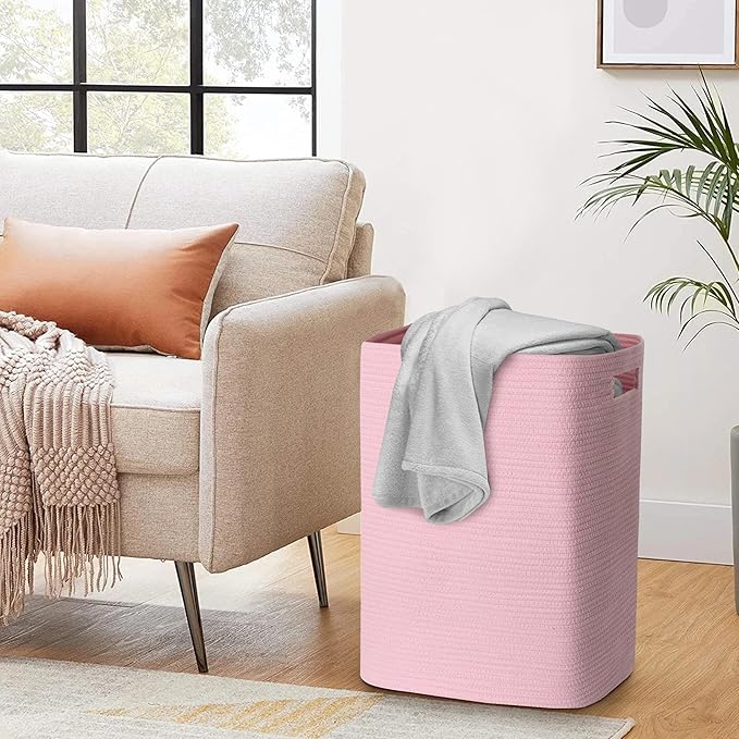 MEGASKET Large Laundry Hamper 16"x13"x22" - Tall Woven Laundry Basket, Cotton Rope Dirty Clothes Hamper, Baby Kids Nursery Wicker Laundry Basket, Bedroom Aesthetic, Soft Laundry Bin, Pink Hamper, 75L