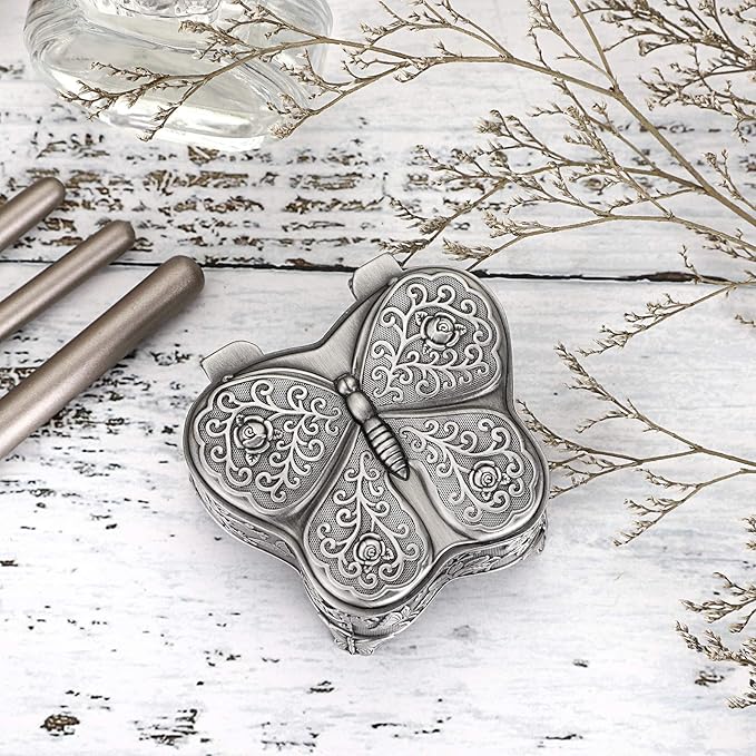 Hipiwe Vintage Metal Jewelry Trinket Box - Butterfly Shape Jewelry Organizer Treasure Chest Ring Holder, Earrings Necklace Storage Box Keepsake Box for Women