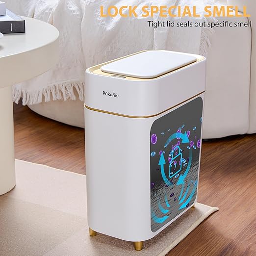 Pukomc Automatic Small Sensor Trash Can with Touchless Lid, 2.3 Gallon / 9L Smart Garbage Can, Quiet Close White Gold Waste Bin - Perfect for Kitchen, Living Room & Small Spaces