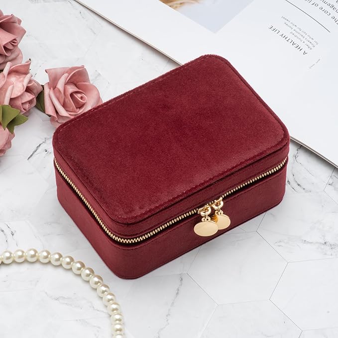 Velvet Travel Jewelry Organizer Box with Zipper Around,Portable Accessory Display Tray Holder Storage Case for Multiple Earrings Rings Necklaces Bracelets (Red)