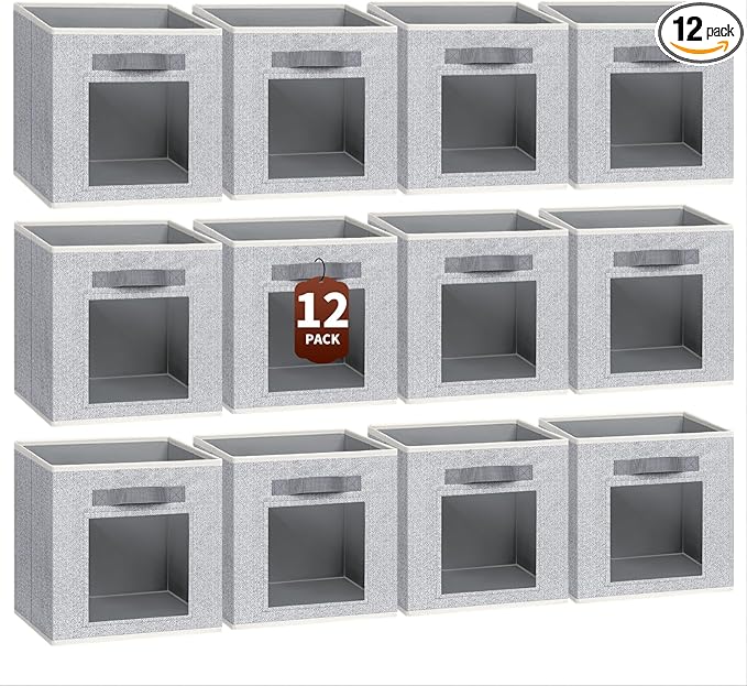 Homsorout Foldable Storage Cubes - Square Organizer with Window, Decorative Baskets for Organizing, Fabric shelf Basket for Clothes, 11 Inch Closet Storage Cubes, Set of 12, Light Grey