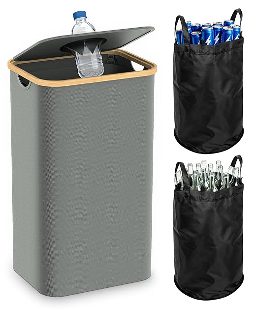 Recycling Bins for Kitchen, 26 Gallon (100L) Recycle Bin with lid, Indoor Oxford Fabric Recycling Trash Can with 2 Pack Removeable and Reusable Inner Bags for Bottle Can Glass Plastic Sticker, Grey