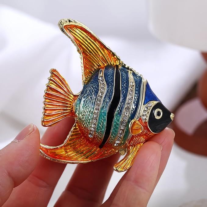Hand Painted Animal Trinket Box for Home Decor, Hinged Jewelry Organizer Storage, Unique Personalized Collectible Keepsake Figurine Handmade Decorative Ornament Gifts (Angelfish)