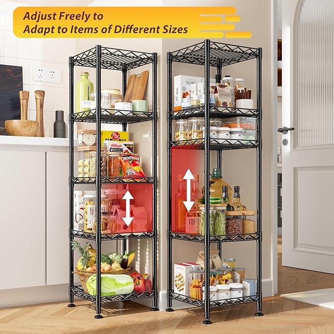 5 Tier Metal Shelving Unit Adjustable Storage Shelves:Wire Shelves Storage Rack Standing Bathroom Shelf and Narrow Small Shelf for Kitchen Pantry Closet Laundry Dorm Office 12''Wx12''Dx49''H Black