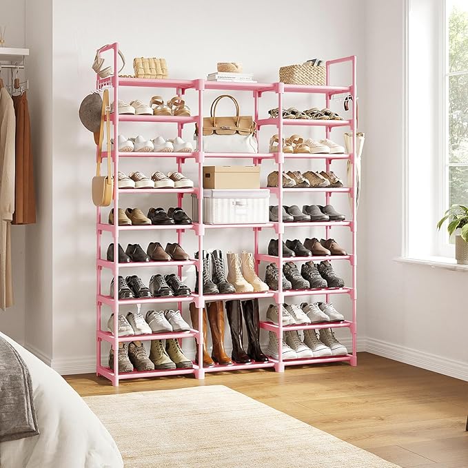 WOWLIVE 9 Tiers Shoe Rack Shoe Storage Shoe Organizer 50-55 Pairs Shoe Tower Unit Shelf Durable Metal Pipes with Plastic Connectors Stackable Cabinet Pink