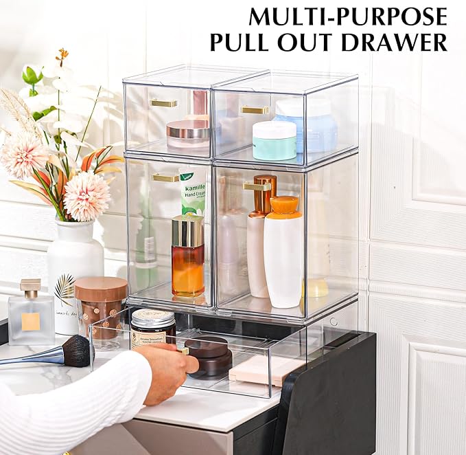LALOBLUE Set of 5 Stackable Storage Drawers, Clear Acrylic Organizer Bins for Beauty Supplies, Perfect for Makeup Vanity, Undersink, Kitchen, Cabinet,Pantry Organization and Storage