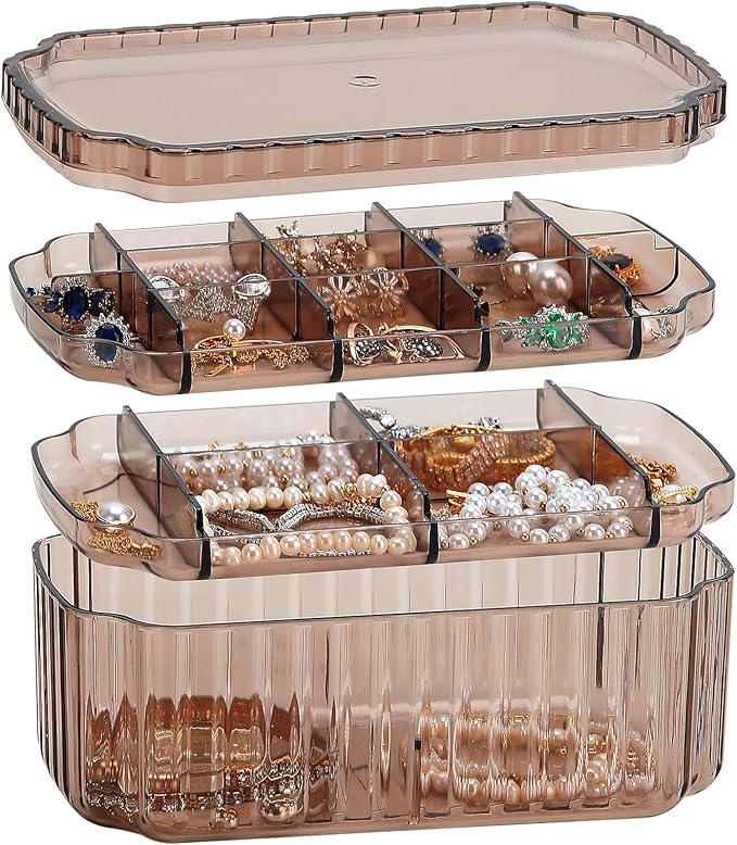 LETURE 3-Layer Jewelry Organizer Box for Earrings, Rings, Necklaces, Bracelets, Clear Plastic Bead Storage Containers for Crafts (Coffee)