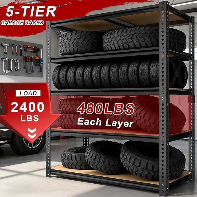 40W Garage Storage Shelves,Garage Shelves Heavy Duty,5 Tier Shelving Unit,2400LBS Capacity Heavy Duty Shelving for Garage Storage,Warehouse,72" H x40 W x20 D