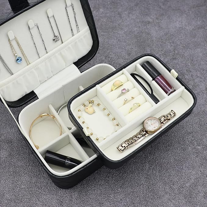 Jewelry Travel Case, 2-Layer Jewelry Box Organizer Medium Jewelry Travel Box, Portable Faux Leather Jewellery Storage Boxes with Argyle for Women, Daily Jewellery Case Home Use (Pure black)