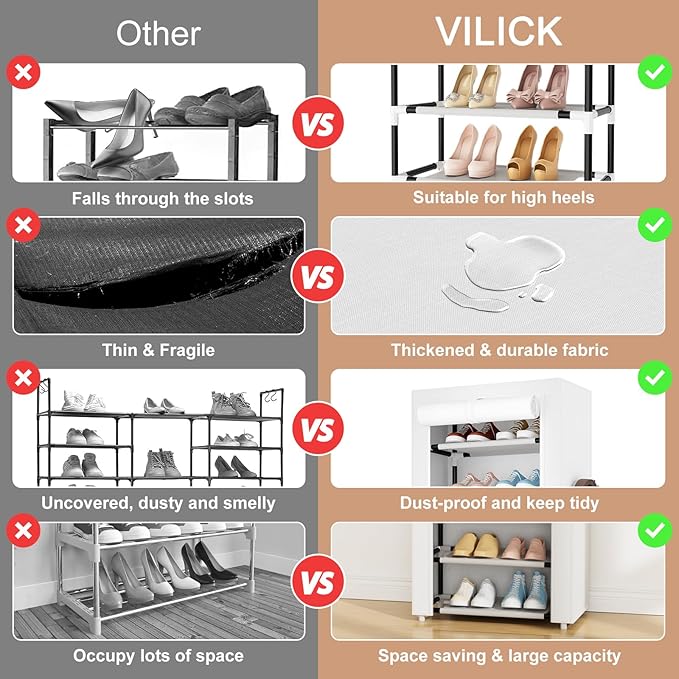 VILICK Shoe Rack with Cover Narrow Shoe Rack Organizer with 4 Side Pockets 10 Tier Tall Shoe Storage Shoe Shelf Holds 18-22 Pairs Shoes and Boots Shoe Rack for Closet, White