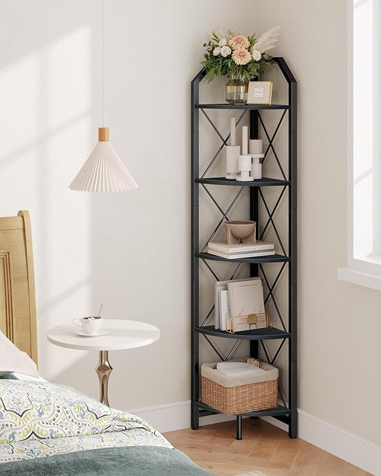 CHOEZON 5-Tier Corner Shelf, Industrial Corner Bookshelf, 59.4" Corner Storage Stand, Plant Stand Display Shelf, Corner Bookcase for Bedroom, Living Room, Home Office, Black TCJ10BB