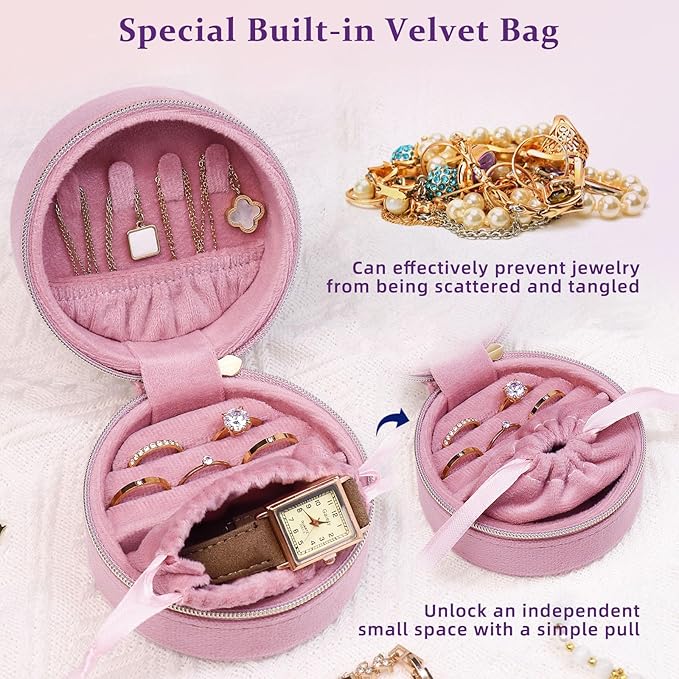 CONBOLA Travel Jewelry Case Small Jewelry Box for Women Girls,Round Velvet Mini Jewelry Travel Organizer,Portable Jewelry Box for Rings Earrings Necklaces Bracelets.(Pink,Small)