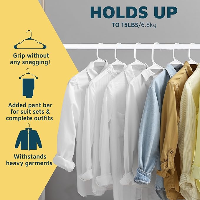 Lifemaster Plastic Clothes Hanger Set - 100 Pieces Versatile, Lightweight, Space-Saving, Non-Slip, Slim Designed, Dry and Wet Clothes Hanger Set - White