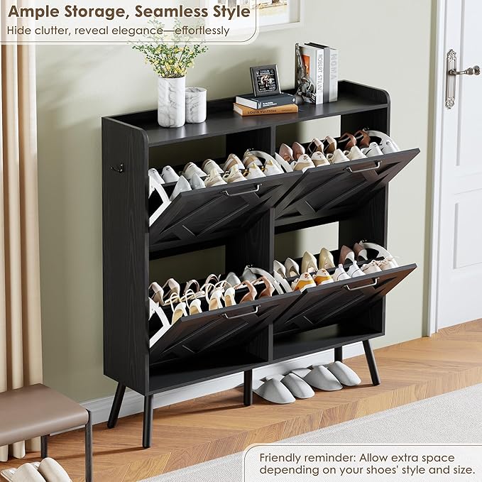 Nicetree Shoe Cabinet with 4 Flip Drawers, Hidden Shoe Rack Cabinet with Metal Legs, Farmhouse Narrow Shoe Storage Cabinet for Entryway, Foyer, Hallway, Black with Hook