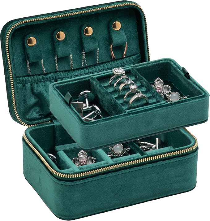 Velvet Travel Jewelry Organizer Box with Zipper Around Portable Accessory Display Tray Holder Storage Case for Multiple Earrings Rings Necklaces Bracelets (Green)