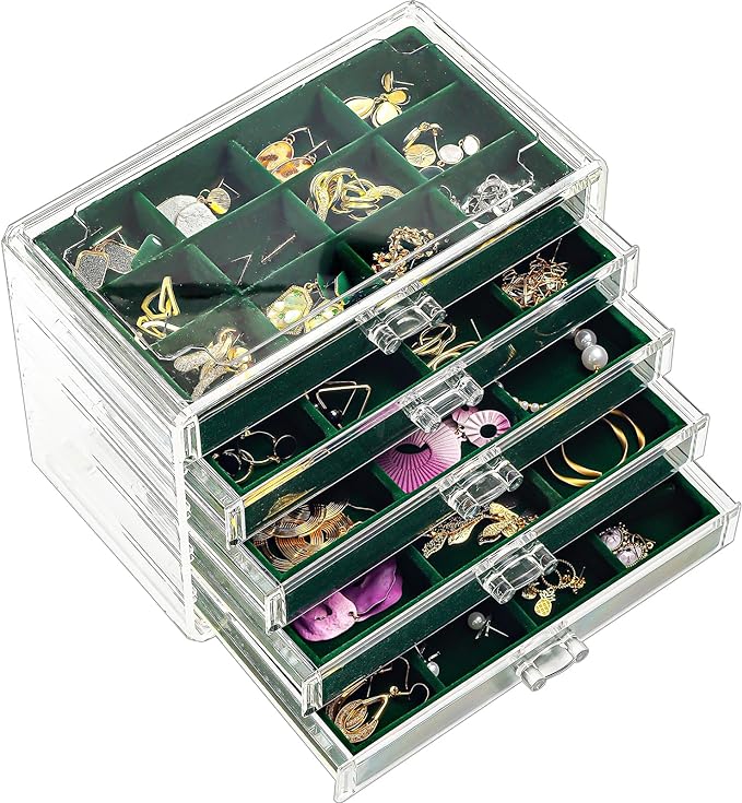 ProCase Earring Holder Organizer Jewelry Box with 5 Drawers, Acrylic Clear Earring Case with Adjustable Velvet Trays for Women - Emerald, 5 Layers