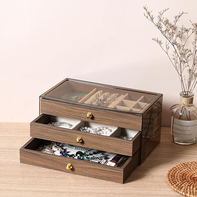 CLUQMEIK 3 Layer Acrylic Case Wooden Drawer Jewelry Organizer with Velvet Lining, Jewelry Box for Women and Girls to Store Rings Earrings Bracelets Necklaces（B）