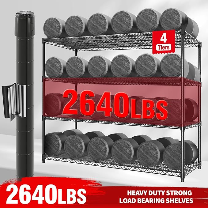 4-Tiers Storage Shelves 59" W Heavy Duty Garage Shelving Units with Adjustable Shelf and Wheels, 2640LBS Capactiy Wire Shelving Rack for Garage Pantry Kitchen Industrial