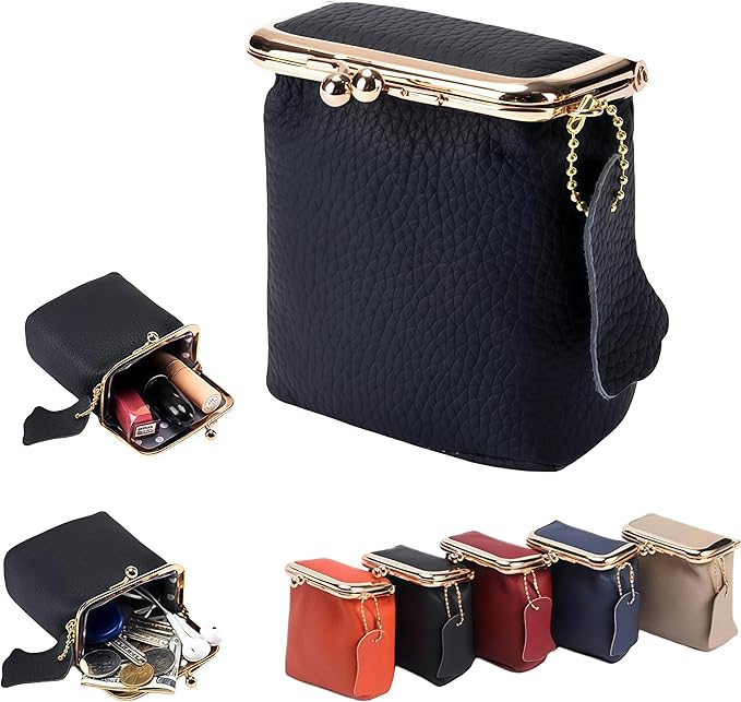 Genuine Leather Mini Jewelry Box & Vintage Wallet for Women - Compact Travel Coin Purse, Lipstick Storage Organizer, Retro Leather Clutch Case (Black)