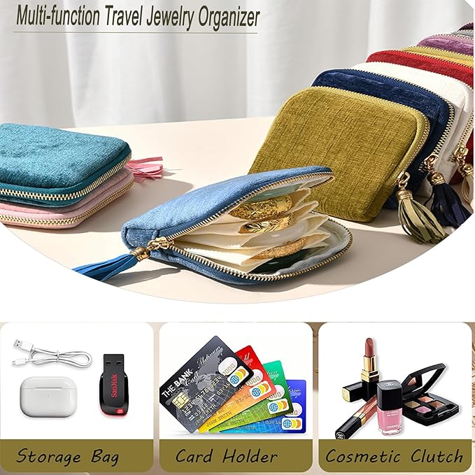 Small Travel Jewelry Organizer Bag Soft Lined Zipper Storage Bag with Tassel Portable Small Jewelry Travel Case for Rings Earrings Necklaces Bracelets, Anti-Scratch Jewelry Holder Pouch for Women Girl