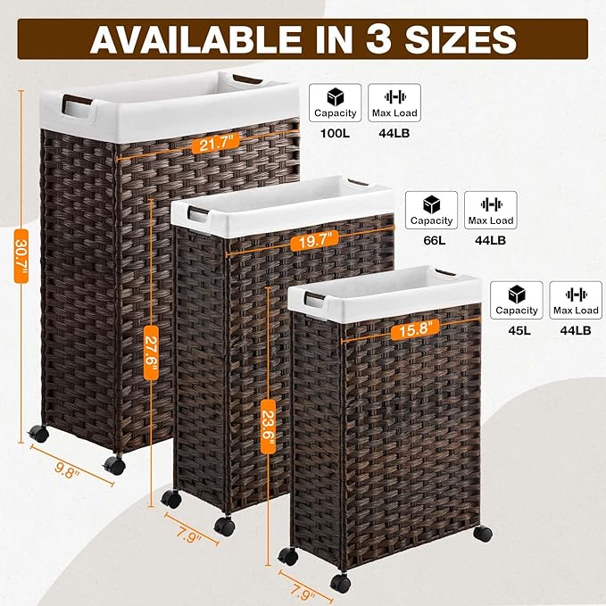 Greenstell Laundry Hamper with Wheels, 11.9 Gallon (45L) Small Clothes Hamper with 2 Removable Liner Bags & 2 Mesh Bags, Slim Rattan Laundry Basket for Bathroom, Bedroom, Brown