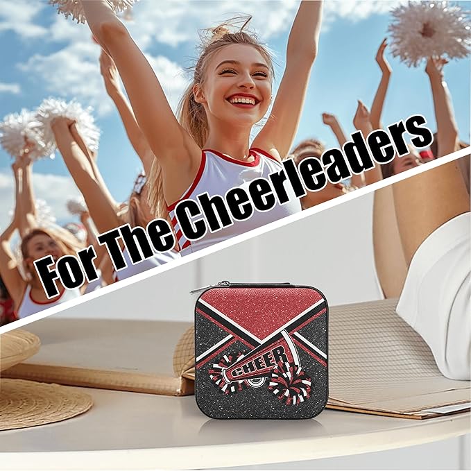 Cheerleader Jewelry Case, Mini Travel Box for Women, Cheer Team Gifts for Girls (Winered)