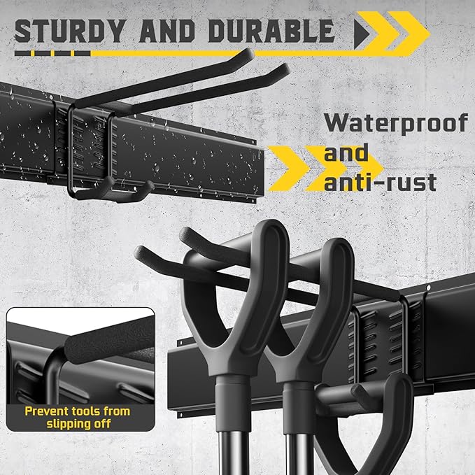 64" Garage Wall Organizer – 12 Longer & Thicker Hooks + 2 Straps, 900 Lbs Heavy Duty Steel Garden Tool Storage Rack & Garage Organization for Yard, Shed, Garage