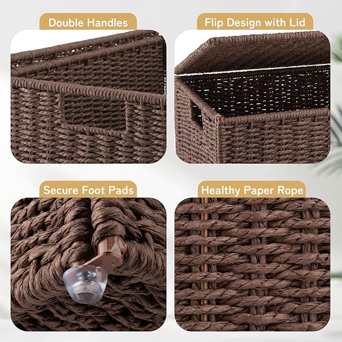 OIAHOMY Large Laundry Hamper with Lid, 35.7 Gal (140L) Wicker Hamper with Removable Liner Bag, Handwoven Clothes Basket with Handles, Foldable Paper Rope Basket for Laundry Room, Bedroom-Brown