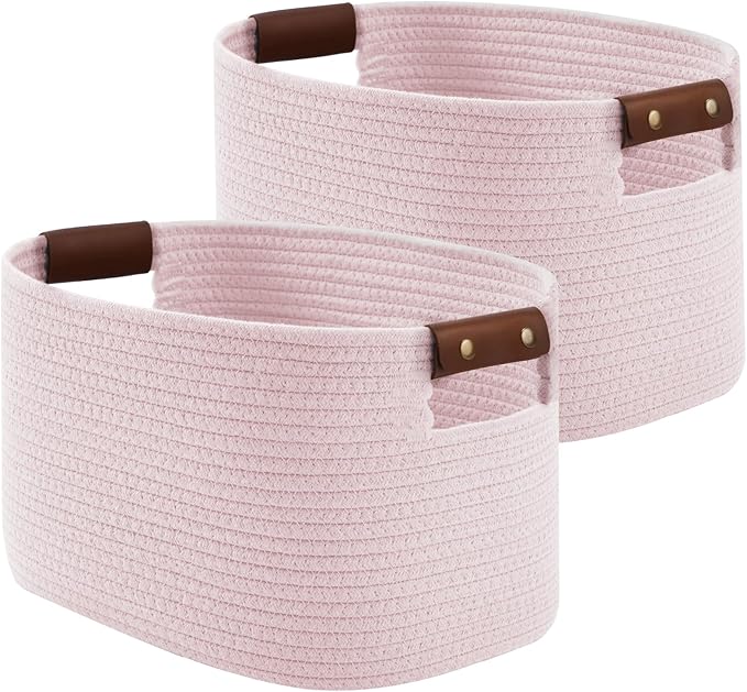 ECDYQXVU Cotton Rope Basket, Storage Baskets with Handle, 15x10x9 Inch Woven Basket for Shelves, Laundry, Towels, Clothes, Books (Light/Pink 2Pack)