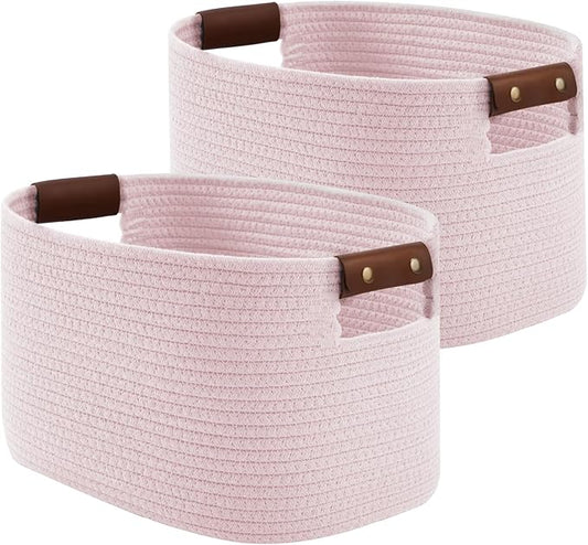 ECDYQXVU Cotton Rope Basket, Storage Baskets with Handle, 15x10x9 Inch Woven Basket for Shelves, Laundry, Towels, Clothes, Books (Light/Pink 2Pack)