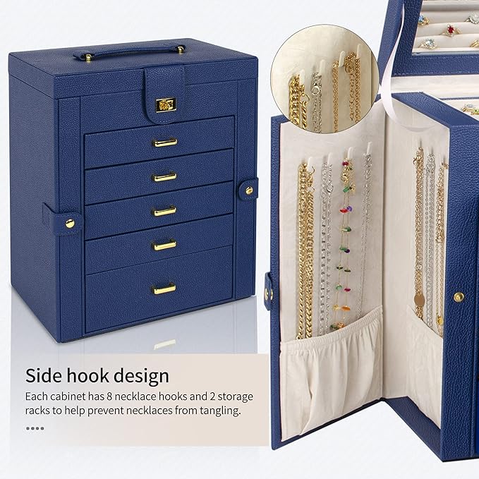 AKOZLIN Large Jewelry Box Organizer Functional with Big Mirror, Leather Jewelry Storage Case for Women Girls Ring Necklace Earring Bracelet Holder Organizer Blue