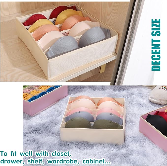 Bra Storage Drawers Organizer for Clothing Underwear Drawer Organizer Dividers Foldable Storage Cube Bins for Bra,Socks, Underwear,3 Pack （Creamy-White）