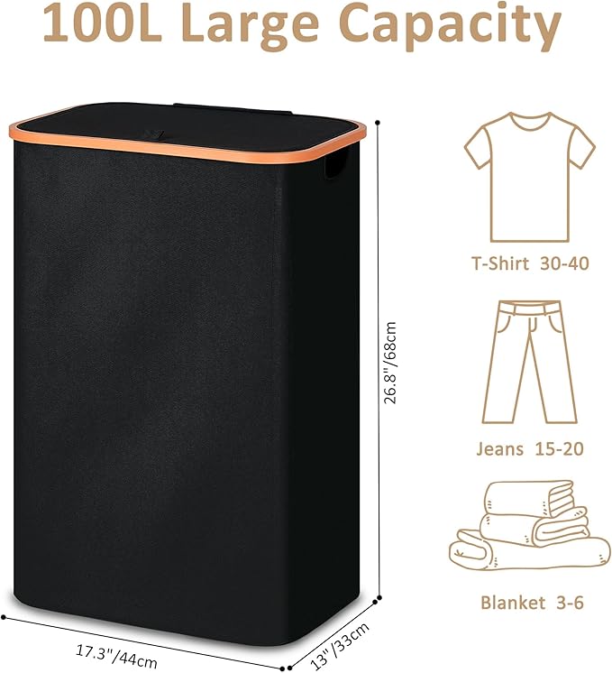 Vincona Slim Laundry Basket with Lid, Narrow Dirty Clothes Hampers for Laundry with Handle, Skinny Laundry Bin for Laundry Room, Dorm, Bedroom and Bathroom, 26.4 Gallon (100L) Black