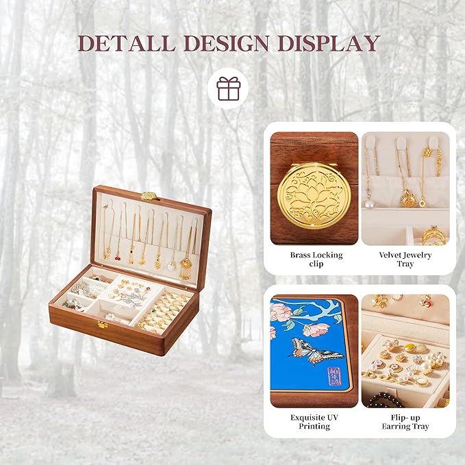 Travel Jewelry Case Small Wood Jewelry Organizer Jewelry Box for Women (Nut-Brown Print D)