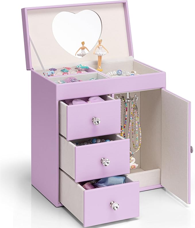 VLANDO Musical Jewelry Box for Girls, Large Kid Music Box with Ballerina for Birthday Bedroom Decor, 4 Layer Girl Jewelry Gifts for Girls Kids - Purple