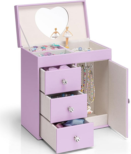 VLANDO Musical Jewelry Box for Girls, Large Kid Music Box with Ballerina for Birthday Bedroom Decor, 4 Layer Girl Jewelry Gifts for Girls Kids - Purple
