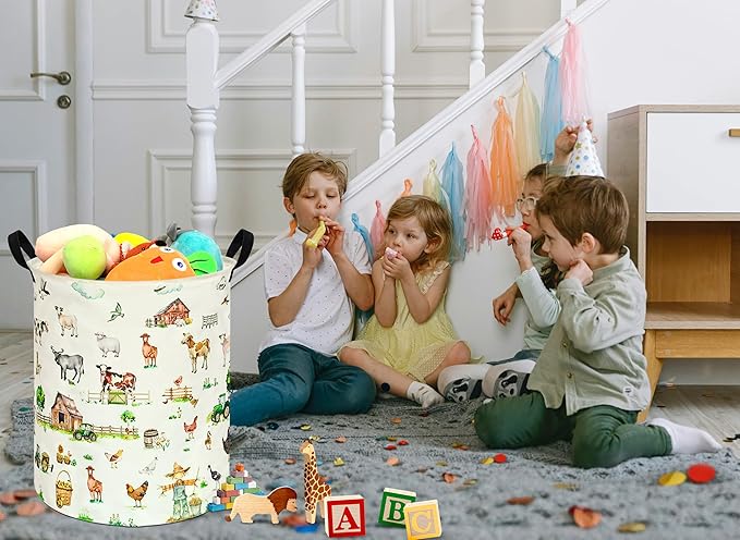 Collapsible Kids Laundry Basket Clothes Hamper, Foldable Storage Organizer Bin, Toy Clothes Storage with Handles for Boys Girls Bedroom, Room Decor Farm